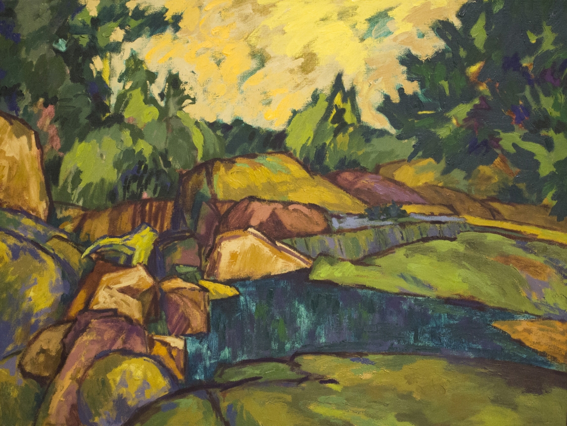 Oil painting of Moose River rocks at Lyonsdale, NY by Easton Pribble.