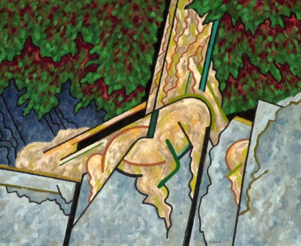 Oil painting of spruce and granite in Stonington, Maine by Easton Pribble.