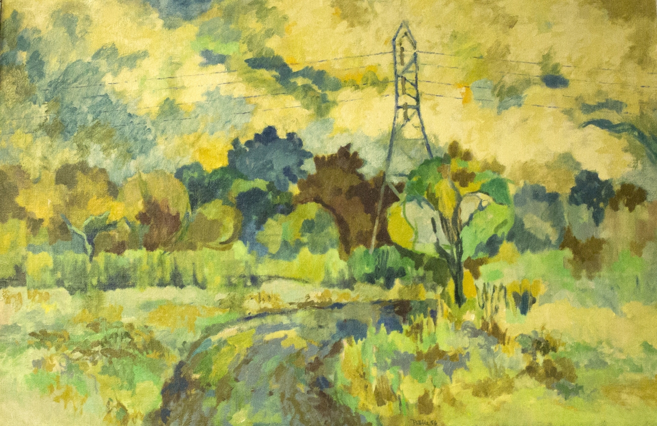 Oil painting entitled "Power Line Crossing" by Easton Pribble.