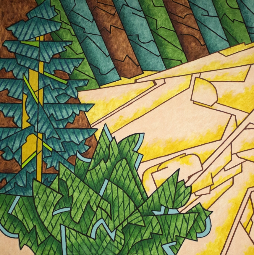 Oil painting of Stonington spruce and granite by Easton Pribble.