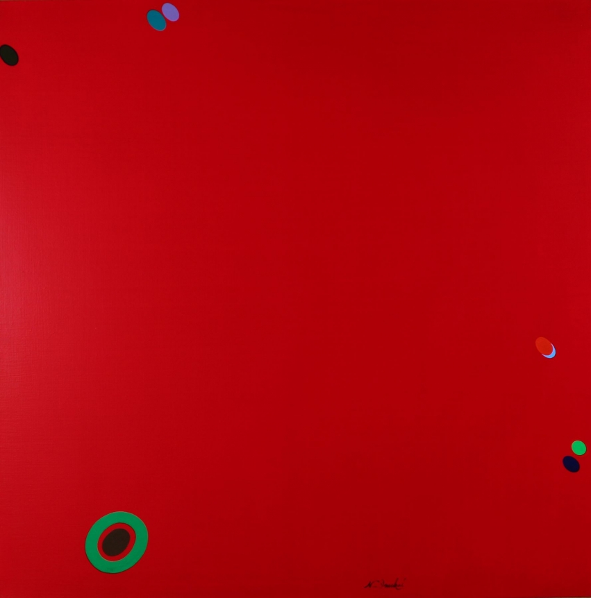 Untitled acrylic painting of red with floating dots by Naohiko Inukai.
