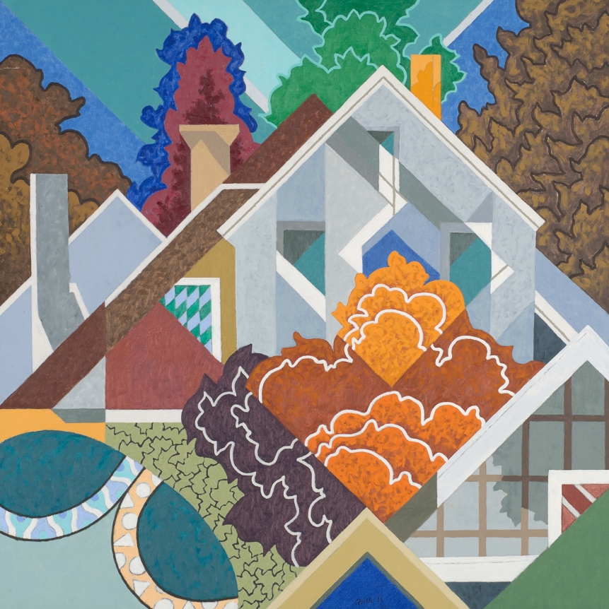 Oil on canvas painting entitled "Suburban View #9" by Easton Pribble.