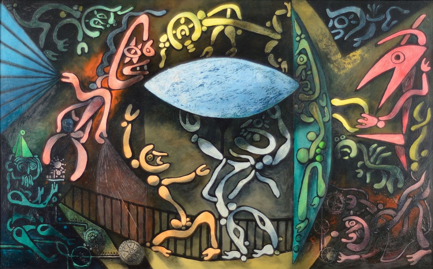 Oil painting entitled "Inevitable Day - Birth of the Atom" by Julio De Diego.