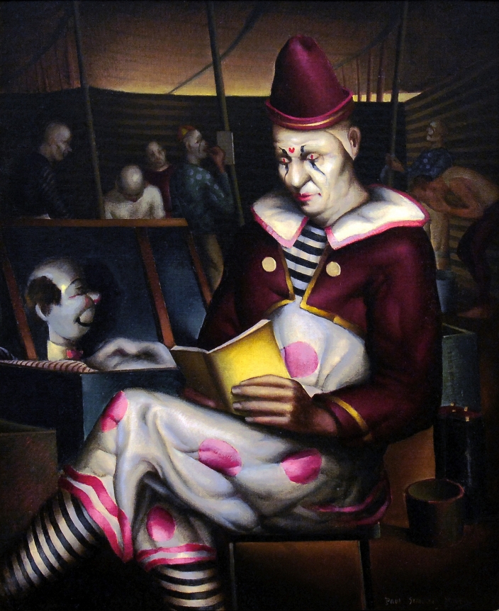 Paul Sample oil painting titled "Clown Reading" from 1933.