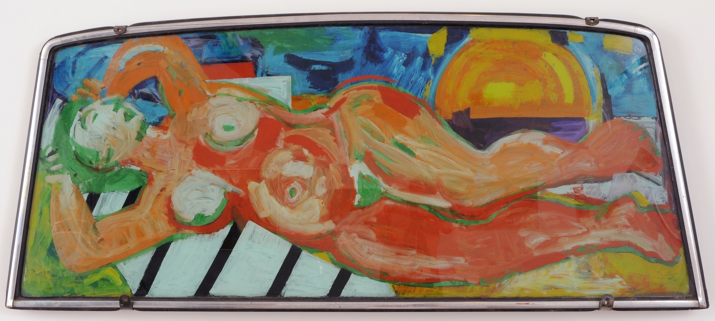 Untitled car windshield painted with a reclining nude by Miriam Laufer.