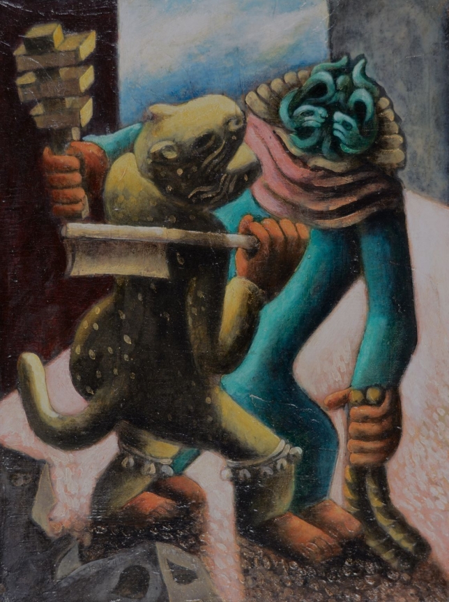 Oil painting entitled "Tlaloc and the Tiger" by Julio De Diego.