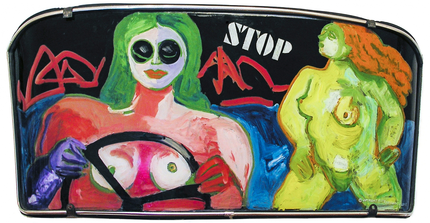 Painted windshield by Miriam Laufer entitled "Stop".