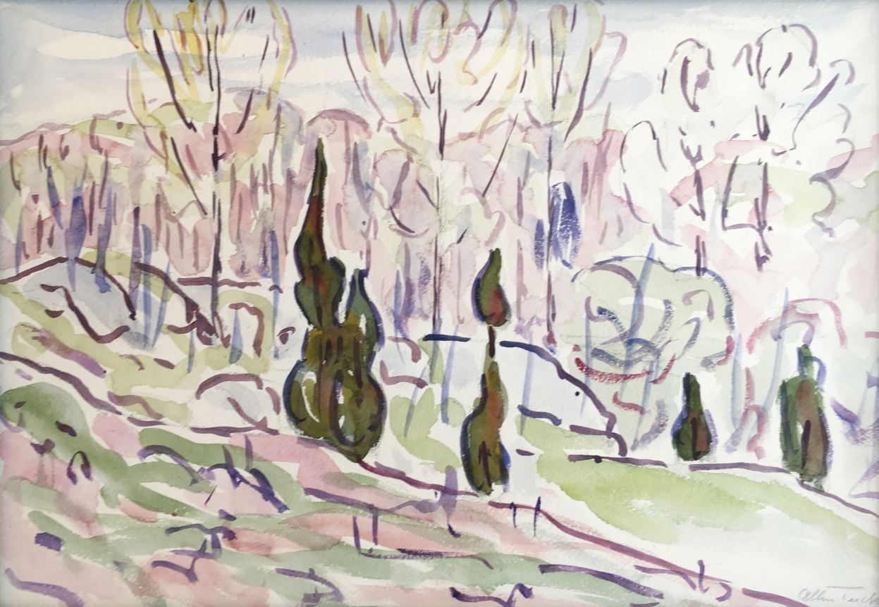 Allen Tucker 1930 watercolor "Poplars".