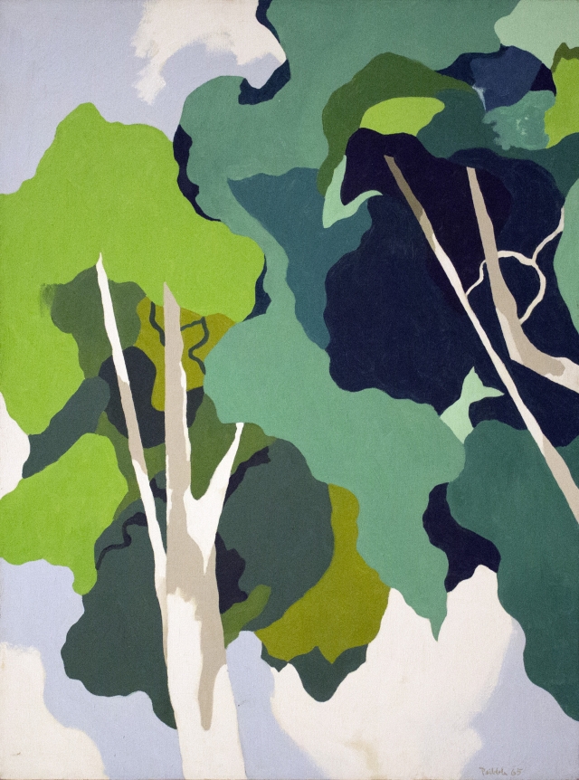Oil painting of two sycamore trees by Easton Pribble.