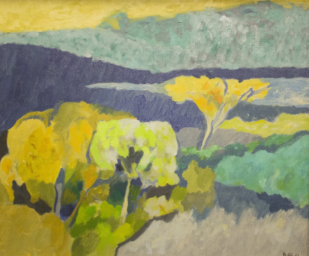 Oil painting of a landscape in yellow, blue and green by Easton Pribble.