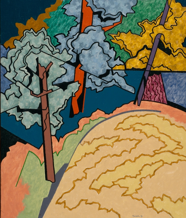 Oil painting of maples and oaks by Easton Pribble.