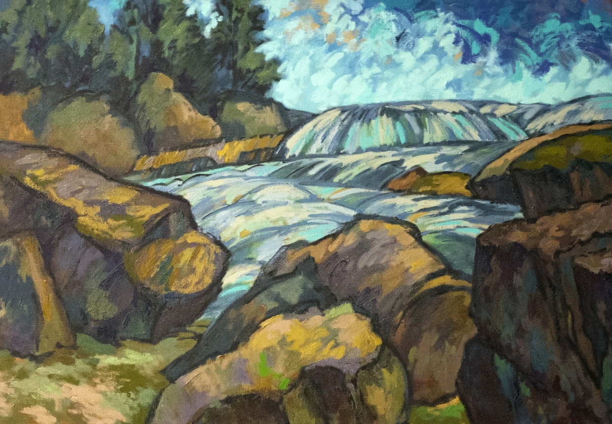 Oil painting of the Moose River below Lyonsdale by Easton Pribble.