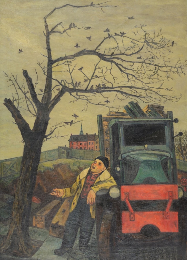 Oil painting by Gregorio Prestopino entitled "The Junkman's Serenade".