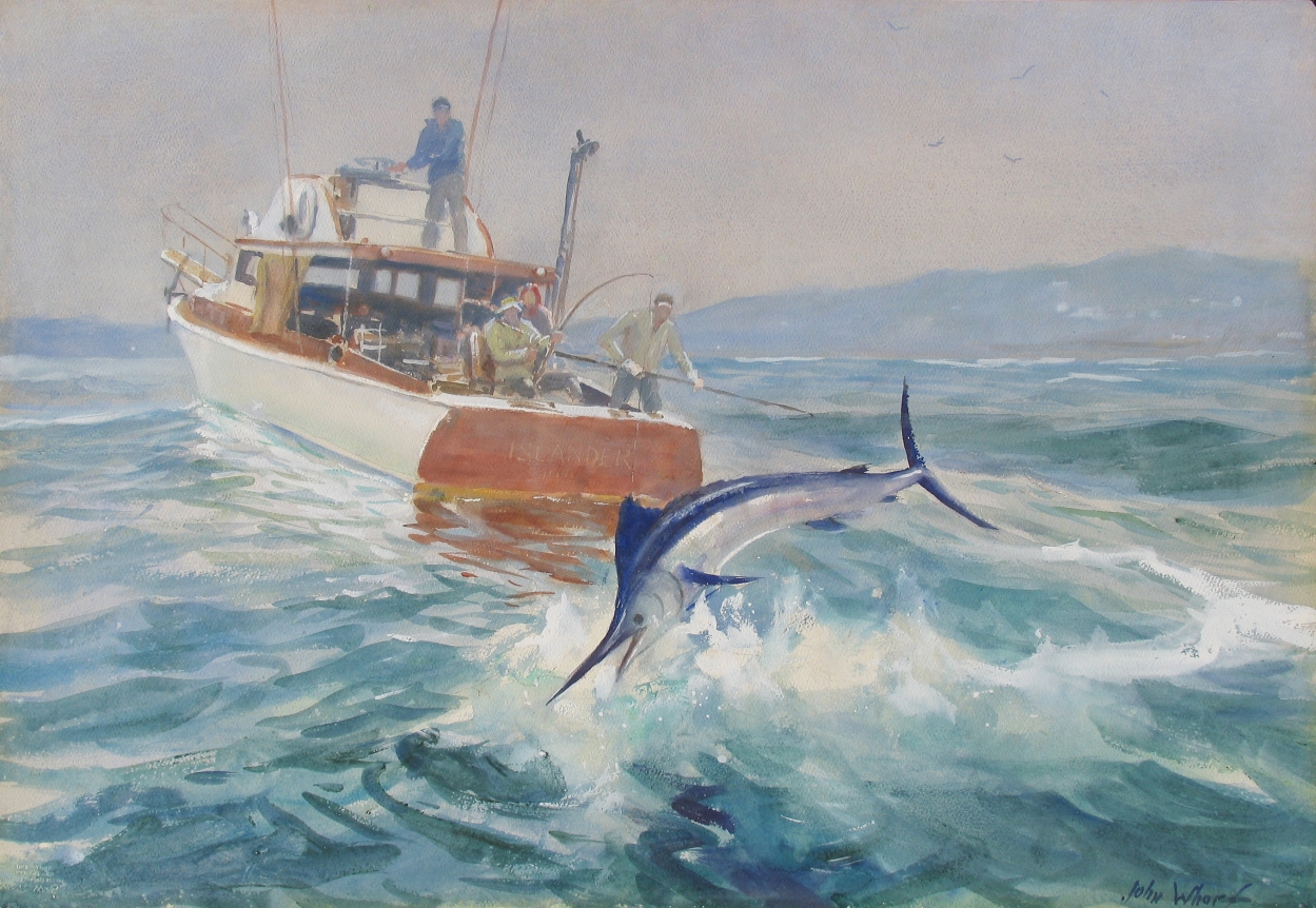 John Whorf watercolor titled "Landing Marlin".