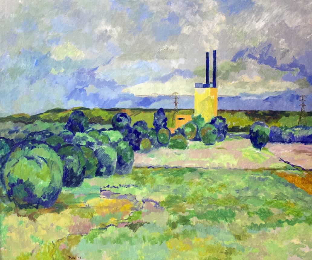 Oil painting of Ohio River power plant by Easton Pribble.