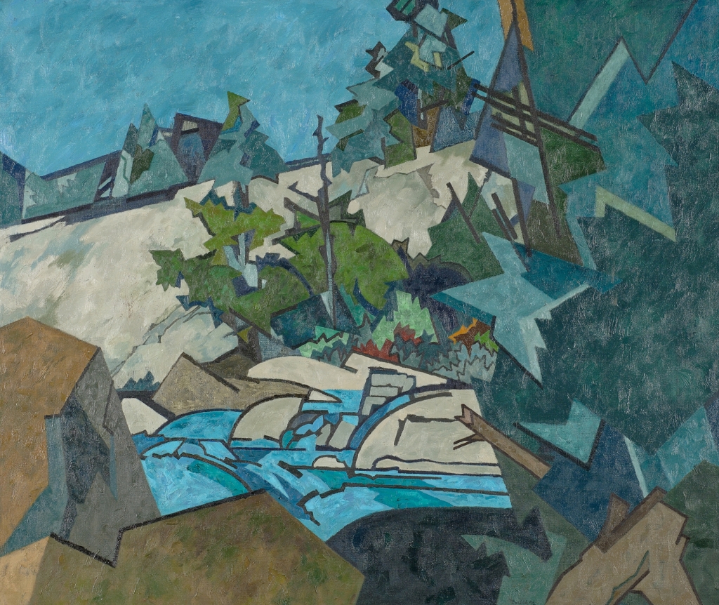 Oil painting of high granite bank along the Moose River by Easton Pribble.