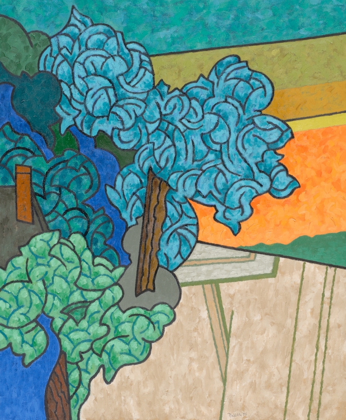Oil painting entitled "Blue Tree, Green Tree" by Easton Pribble.