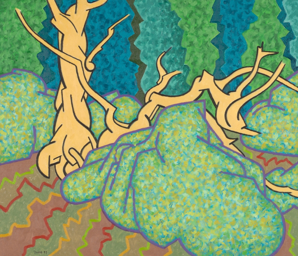 Oil painting of glacial boulders and maple relics by Easton Pribble.