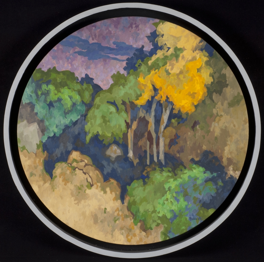Tondo oil painting of landscape by Easton Pribble.