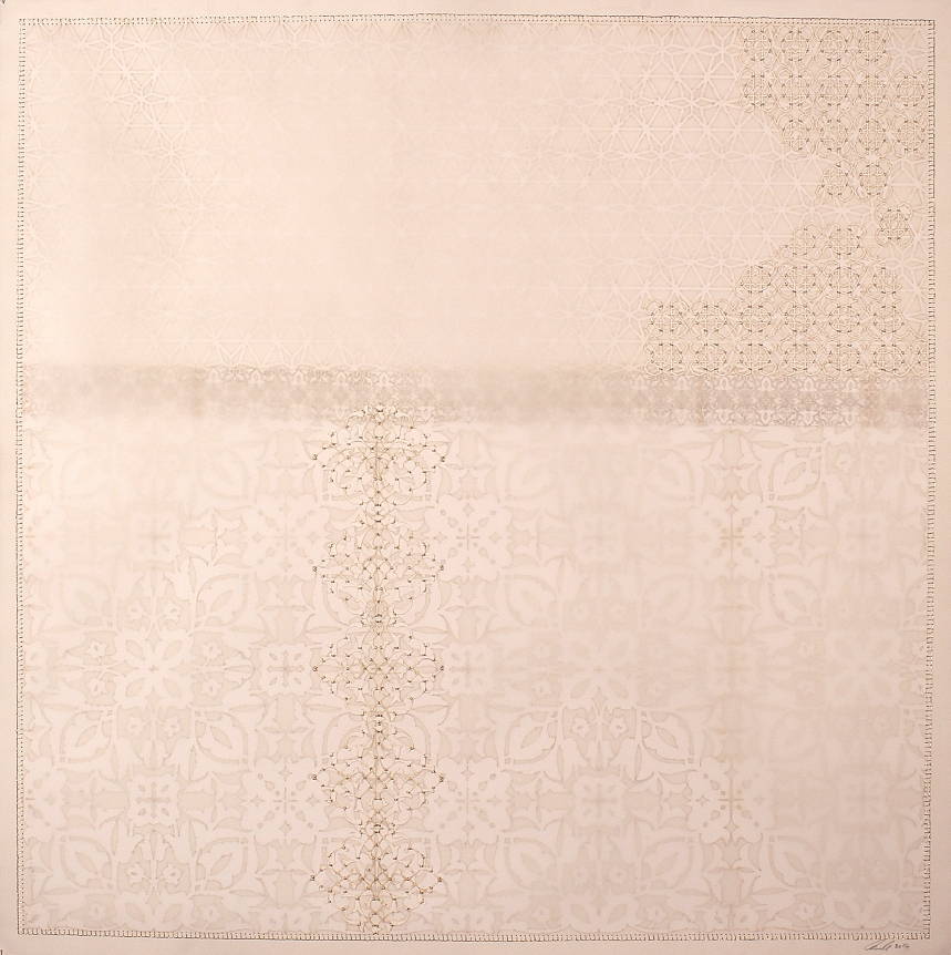 Anila Quayyum Agha Shimmering Memories - 2 2016 Mixed media on paper (Laser-cut patterns on paper with mylar, embroidery and beads) 40 x 40 in.