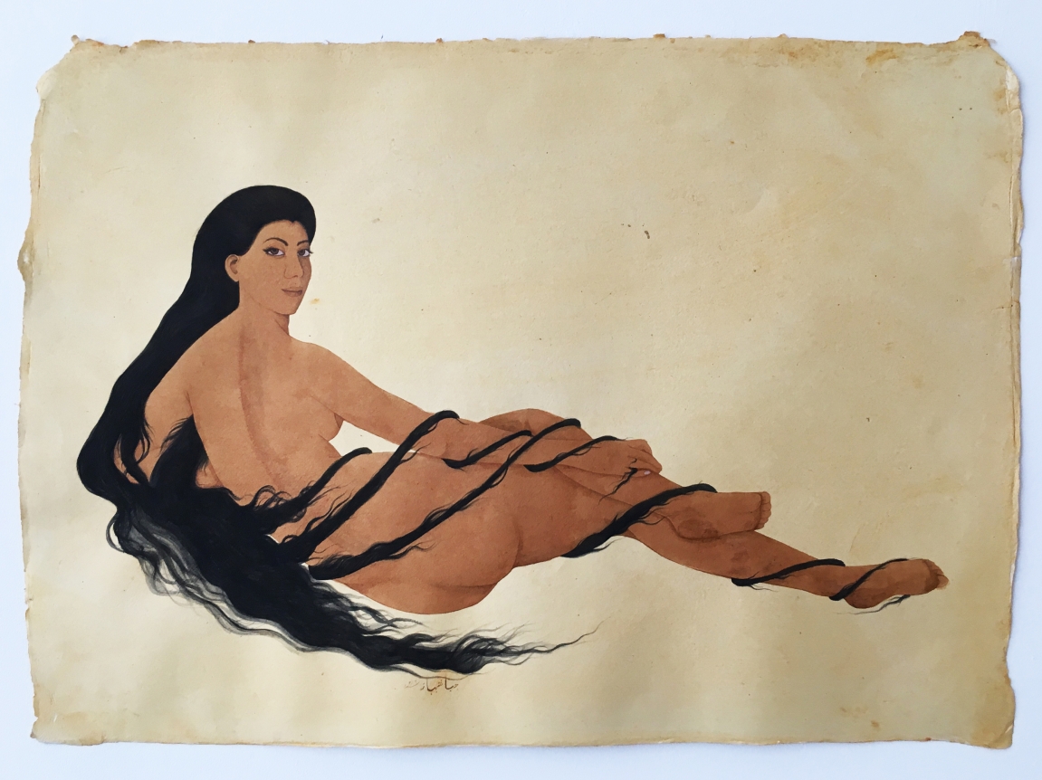Hiba Schahbaz Self- Portrait after The Grand Odalisque 2016 Tea and watercolor on paper 22.5 x 31.5 in.