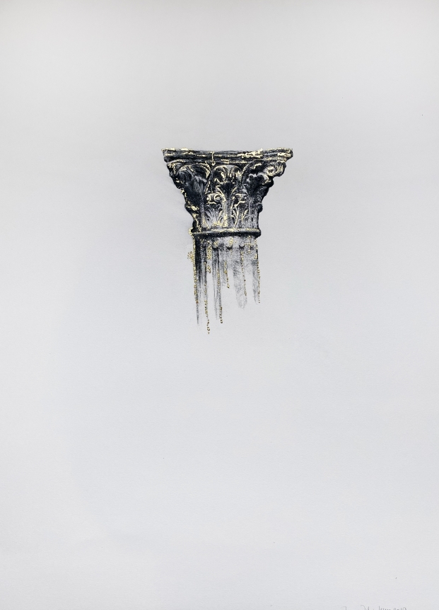Najmun Nahar Keya Corinthian Dhaka (29) Charcoal, graphite, rabbit skin glue, gold, on Fabriano archival paper 28 x 20 2019