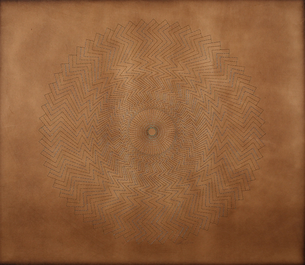 Anila Quayyum Agha Skin VII 2016 Mixed media on paper (Turquoise and emerald thread with gold and turquoise beads on brown Korean hand-made paper) 36 x 40 in
