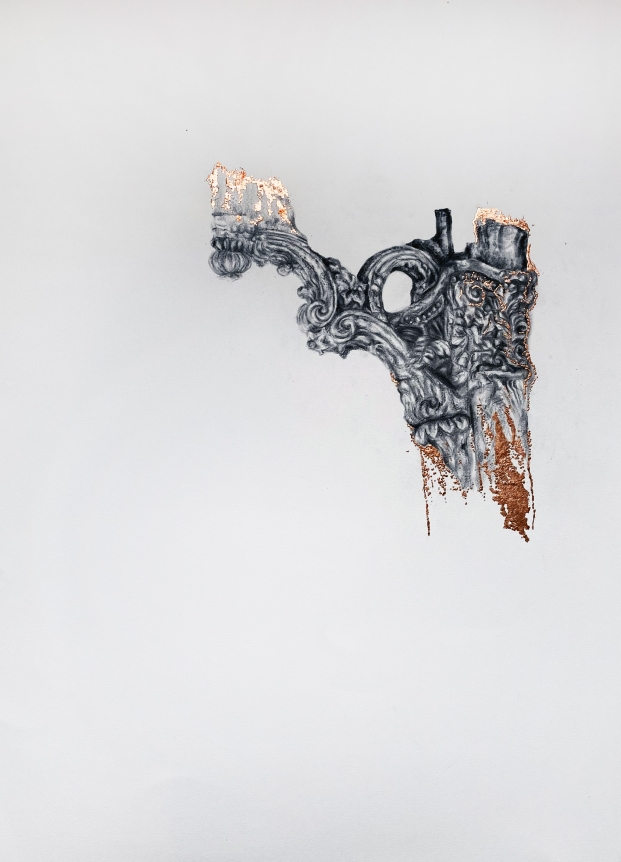 Najmun Nahar Keya Corinthian Dhaka (24) Charcoal, graphite, rabbit skin glue, copper, on Fabriano archival paper 28 x 20 in. 2019