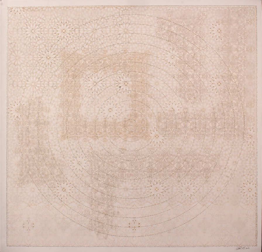 Anila Quayyum Agha Shimmering Memories - 1 2016 Mixed media on paper (Laser-cut patterns on paper with mylar, embroidery and beads) 39.5 x 39.5 in.