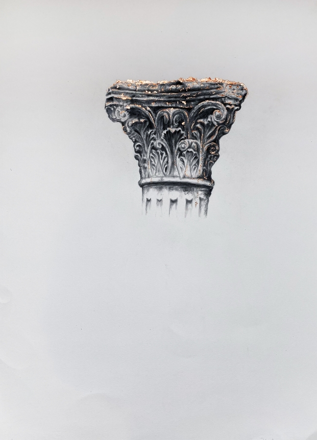 Najmun Nahar Keya Corinthian Dhaka (23) Charcoal, graphite, rabbit skin glue, copper, on Fabriano archival paper 28 x 20 in. 2019