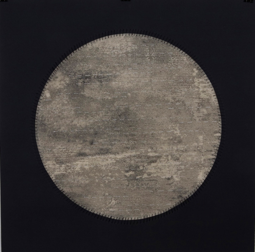 Anila Quayyum Agha Regeneration V 2012 Mixed media on paper (Encaustic, ink, graphite, charcoal, and embroidery on paper) 22 x 22 in.
