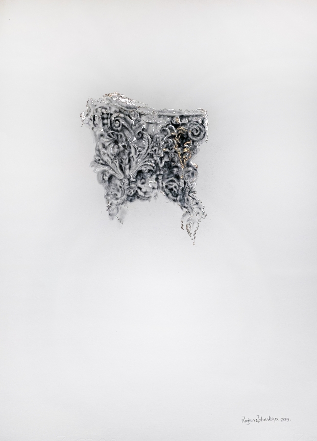 Najmun Nahar Keya Corinthian Dhaka (27) Charcoal, graphite, rabbit skin glue, copper, silver, on Fabriano archival paper 28 x 20 2019