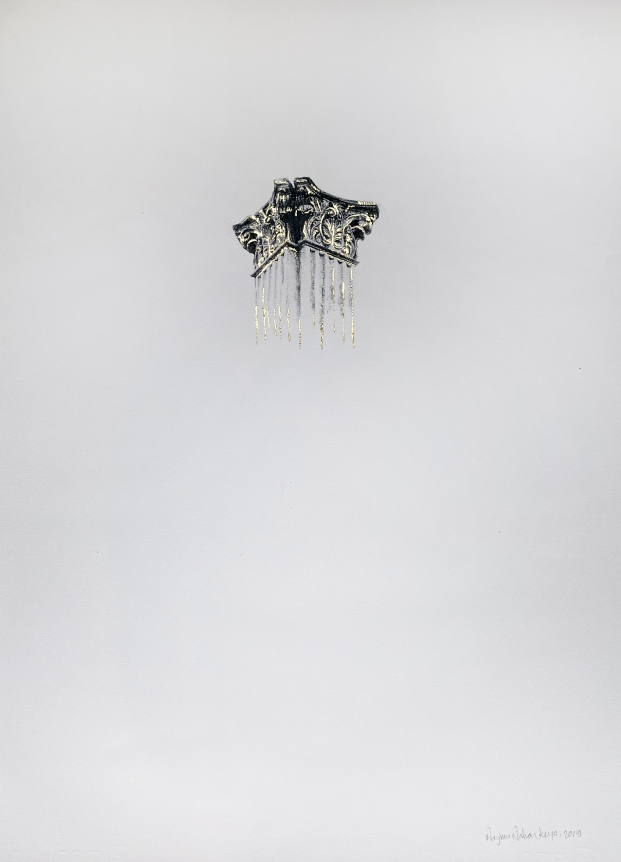 Najmun Nahar Keya Corinthian Dhaka (28) Charcoal, graphite, rabbit skin glue, gold, on Fabriano archival paper 28 x 20 in 2019