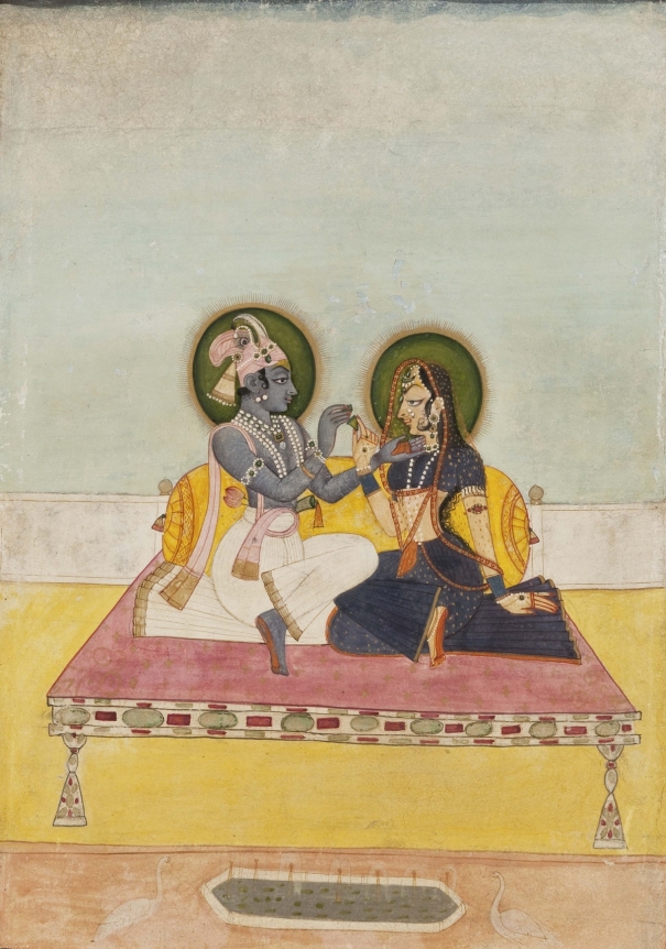 Indian Miniature KRISHNA AND RADHA EXCHANGING BETEL c. 1800 Opaque pigment on paper 12.5 x 8.5 in