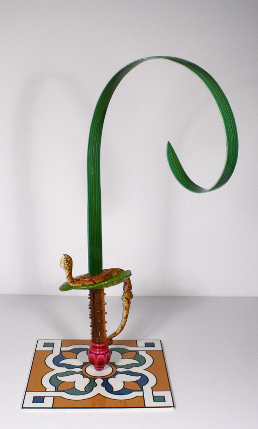 Adeela Suleman KAR WA FARR SERIES 5 2014 Hand-painted steel sword, iron and metal tile with enamel paint 20 x 12 x 9 in.