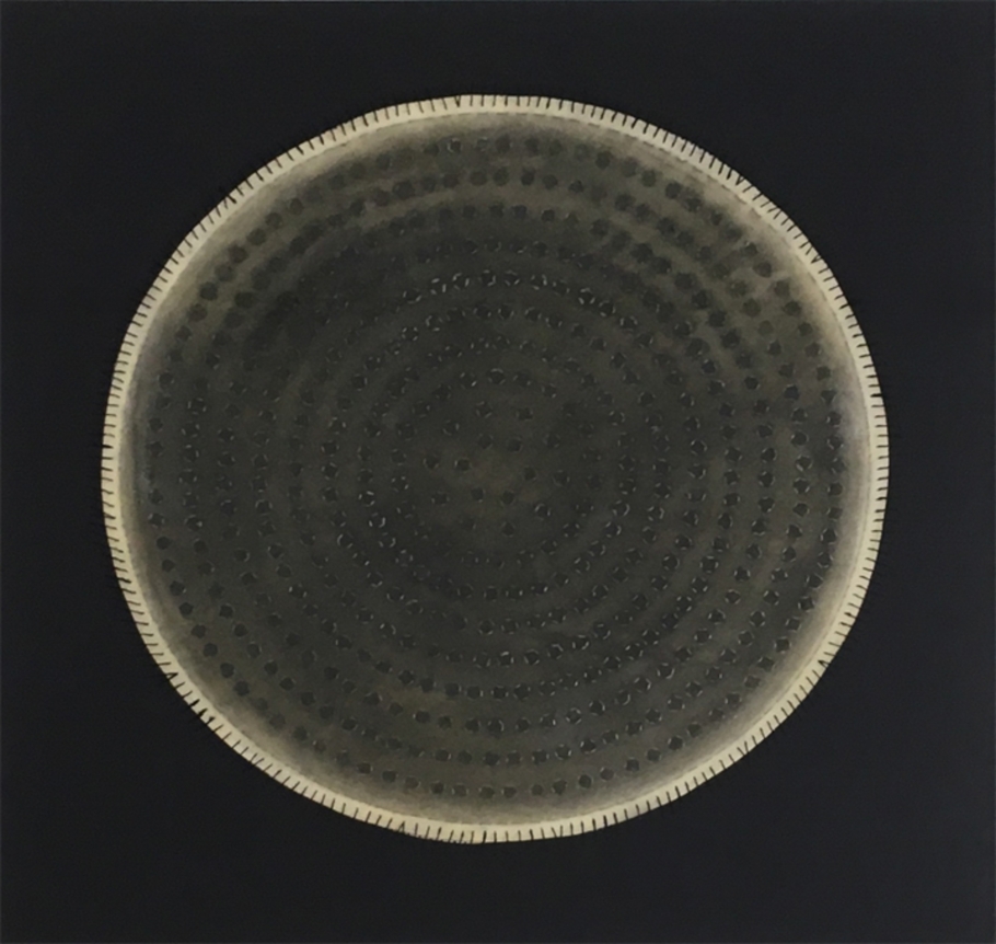 Anila Quayyum Agha Regeneration I 2012 Mixed media on paper (Encaustic, ink, graphite, charcoal, and embroidery on paper) 22 x 22 in.