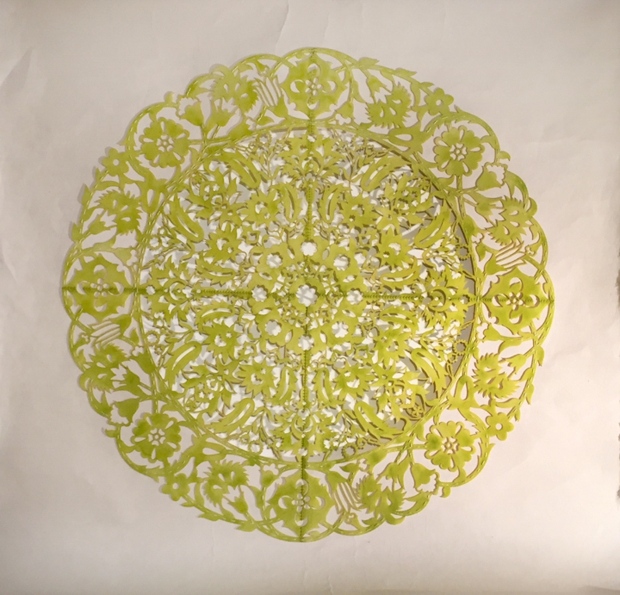 Anila Quayyum Agha All the Flowers Are For Me (Chartreuse) 2015 Mixed media on paper (Encaustic, laser-cut paper and embroidery) 30 x 30 in.