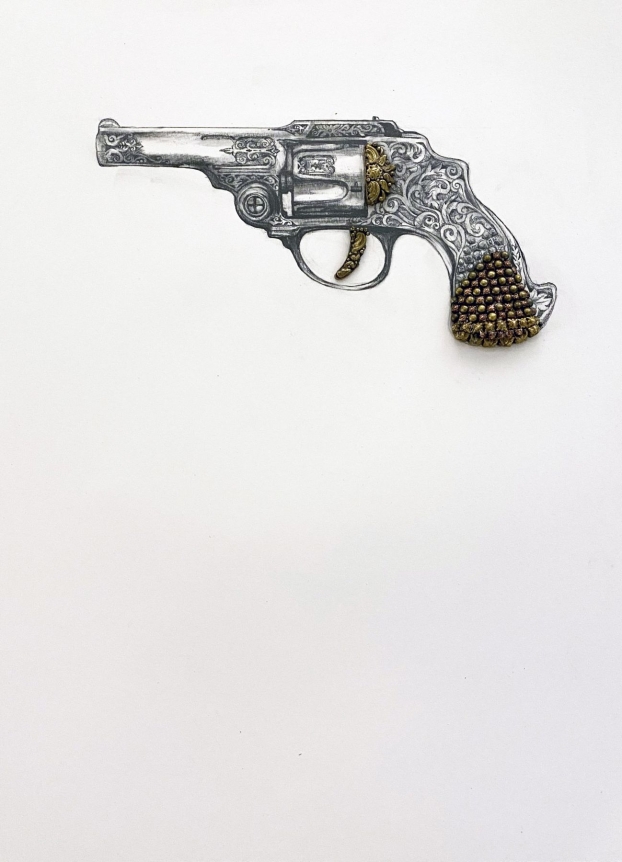 Promotesh Das Pulak Untitled (Beautiful way to die) (3) 2019 Drawing on paper, brass, copper 16 x 12 in.