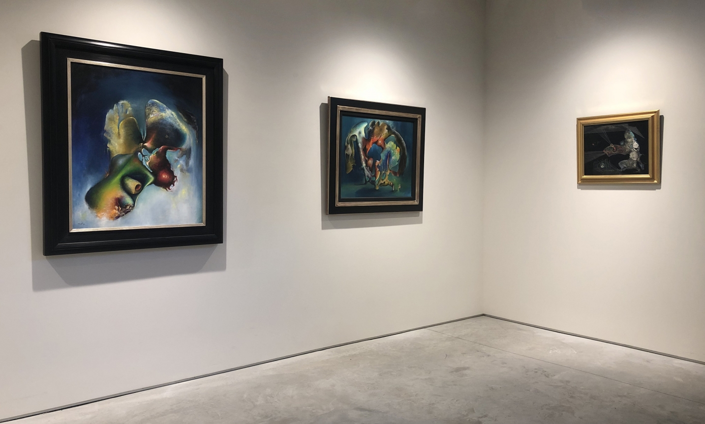 (From Left) Le reve de Pegase, 1946, oil on canvas, 36 x 30 in., Corte d'Appello, 1945, oil on canvas, 24 3/4 x 30 in., Plus loin, plus prêt, 1945, oil on canvas, 16 x 20 in.