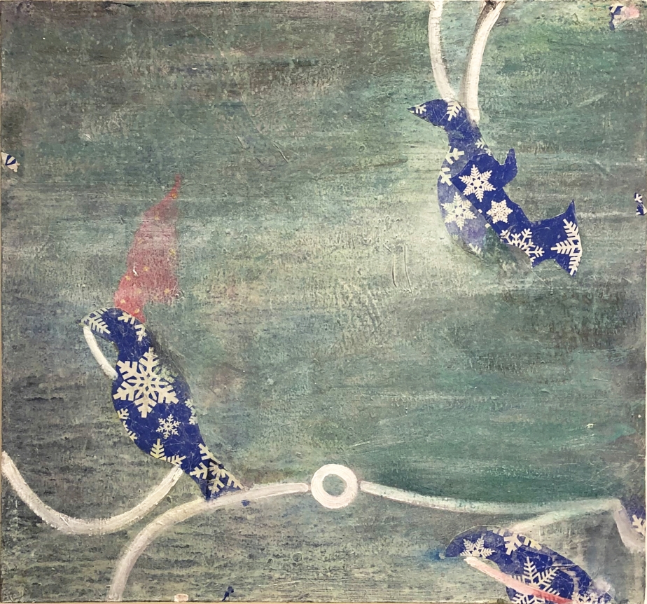 Untitled, 2018, acrylic and collage on wood, 24 ¼ x 24 1/8 in.