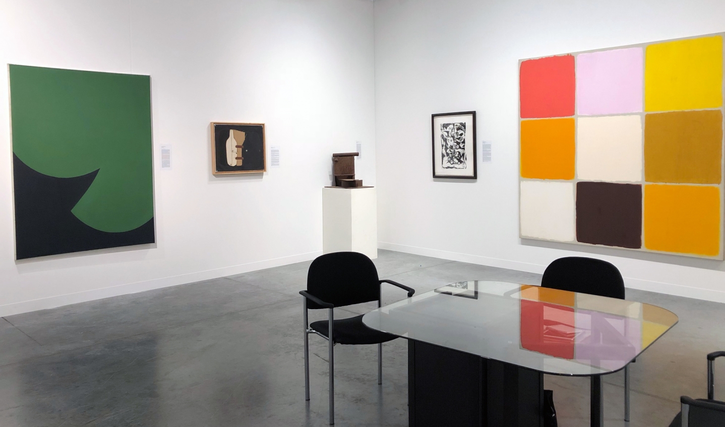 (left) Leon Polk Smith, "Correspondence Green-Green," 1966, acrylic on canvas, 68 1/4 x 50 1/4 in.; Conrad Marca-Relli, Untitled #3, c. 1965, oil, canvas, grommets, burlap collage on canvas, 21 x 25 3/8 in.; Richard Stankiewicz, Untitled, c. 1965-69, steel, 19 x 21 x 20 in.; Jackson Pollock, Untitled (After CR#340), 1951, screenprint, ed. 16/25, 29 x 23 in., CR1093 (P29), Ray Parker, Untitled (no. 396), 1964, oil on canvas, 81 x 82 in.