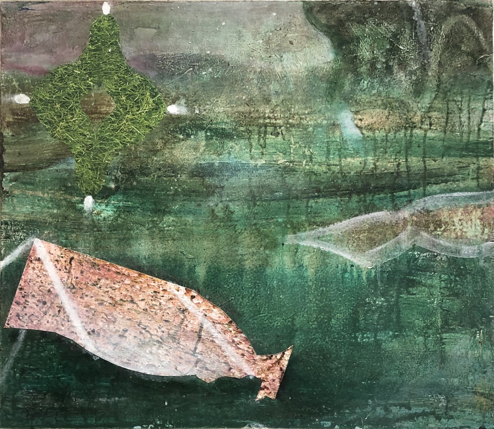 Untitled, 2018, acrylic, pigment and collage on wood, 27 x 24 in.
