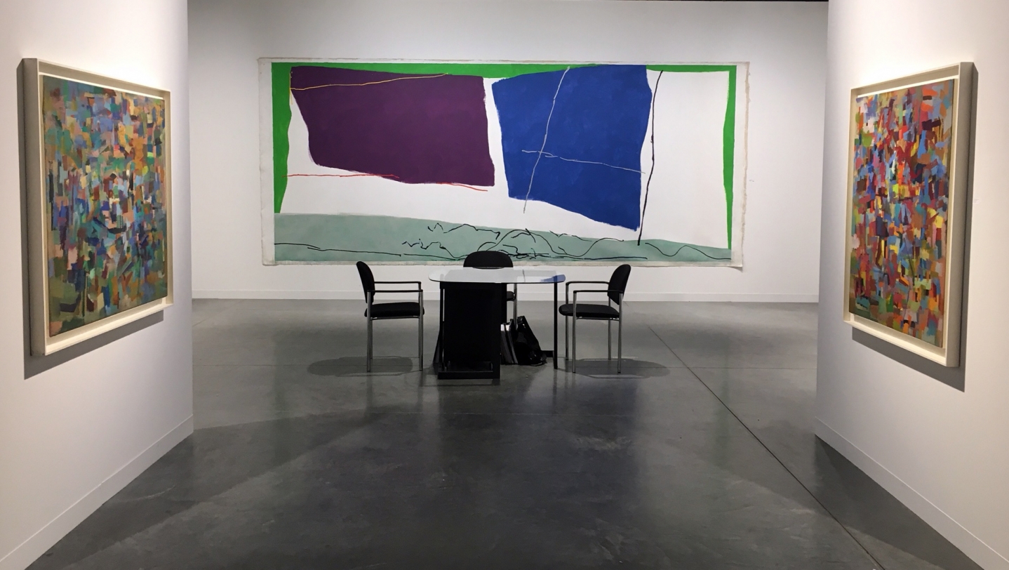 Washburn Gallery Booth at Art Basel Miami Beach featuring Ray Parker, (left) Untitled, 1953-54, oil on canvas, 40 x 46 in.; Untitled II, 1980, oil and acrylic on canvas, 92 x 216 in.; Untitled, 1953-54, oil on canvas, 44 x 38 in.