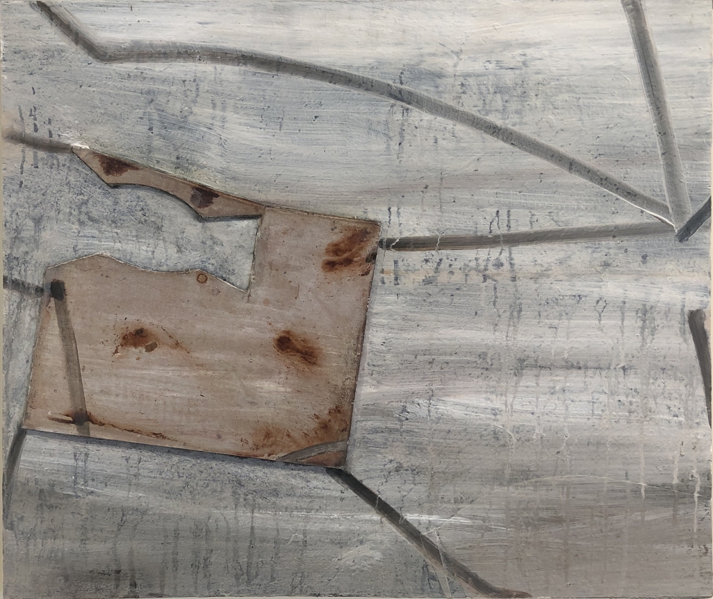 Untitled, 2019, acrylic and cardboard on wood, 27 x 24 in.