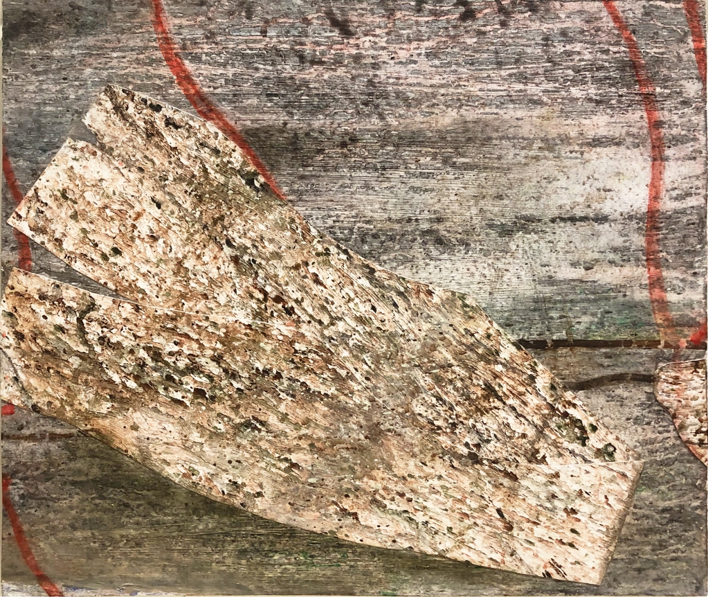 Nature’s Ghost, 2016, acrylic and collage on wood, 18 x 16 in.