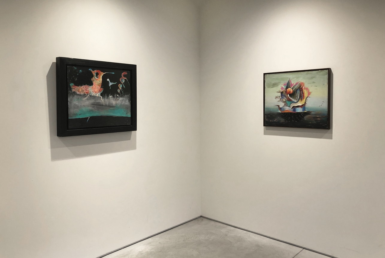(From Left) La naissance du coq, 1945, oil on canvas, 20 x 24 in., Bateau Ivre, 1942, oil on canvas, 20 x 24 in.