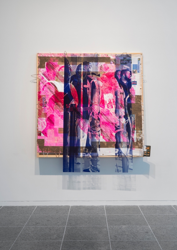 Tomashi Jackson, "I Want To Be Free (O-H-I-O)(Bad Bargain)(2012 Cuyahoga County Voting Line)(2016 Butler County Voting Line)", 2020, Acrylic, Pentelic marble, Ohio Underground Railroad site soil, American electoral ephemera, and paper bags on canvas and fabric, 88 1/4 x 84 1/2 x 8 inches