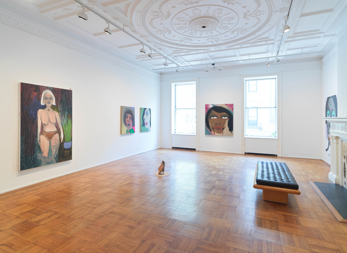 This image is an installation view of the February James exhibition titled "When the Chickens Come Home To Roost." The exhibition features paintings, watercolors and sculptures by February James installed and on view at Tilton Gallery.