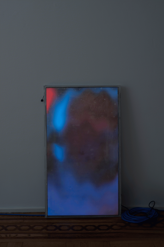 Luca Dellaverson "Home Alone 2: Lost in New York", 2015 Epoxy, plexi glass, LCD monitor, and pirated digital file 41-1/2 x 24-1/2 x 1-1/2 inches