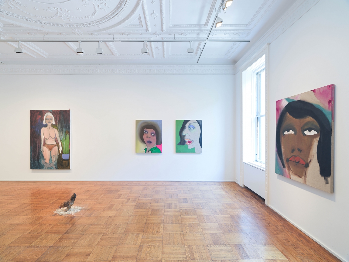 This image is an installation view of the February James exhibition titled "When the Chickens Come Home To Roost." The exhibition features paintings, watercolors and sculptures by February James installed and on view at Tilton Gallery.